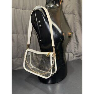 Clear Acrylic Clutch Bag with Removable Chain Shoulder Strap White and Gold